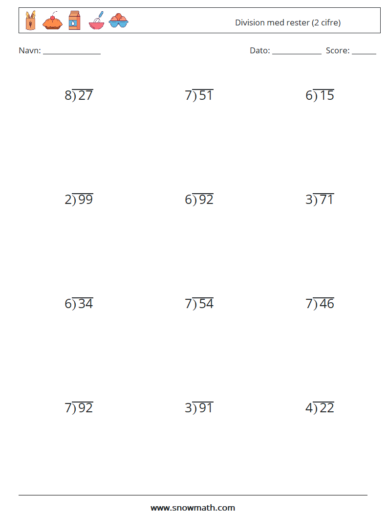 (12) Division med rester (2 cifre) Matematiske regneark 3
