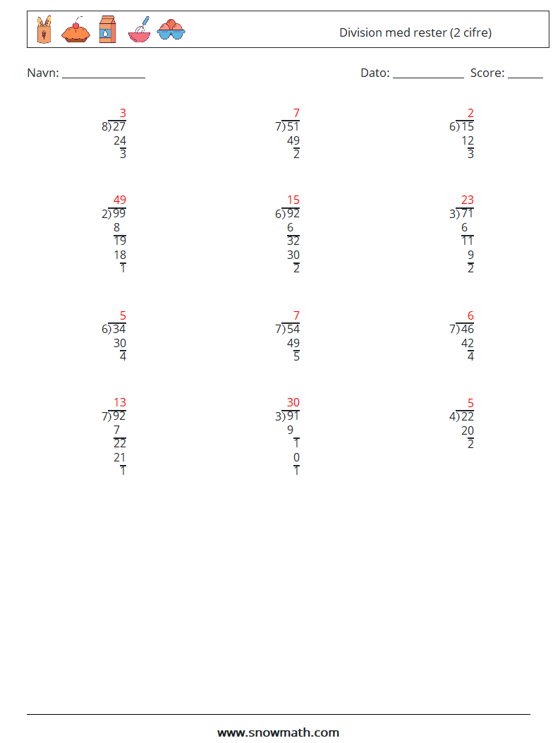 (12) Division med rester (2 cifre) Matematiske regneark 3 Spørgsmål, svar