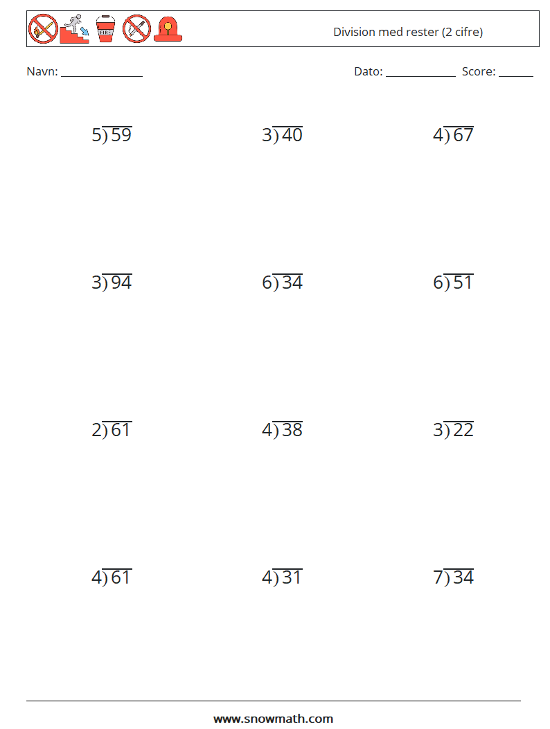 (12) Division med rester (2 cifre) Matematiske regneark 4
