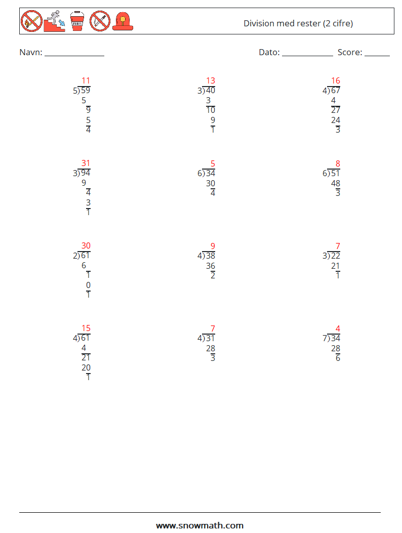 (12) Division med rester (2 cifre) Matematiske regneark 4 Spørgsmål, svar