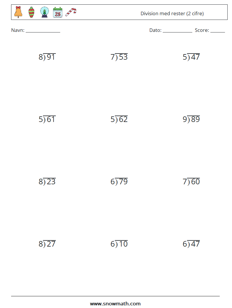 (12) Division med rester (2 cifre) Matematiske regneark 6