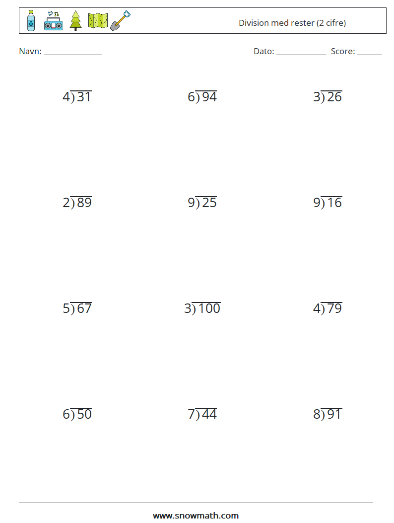 (12) Division med rester (2 cifre) Matematiske regneark 7