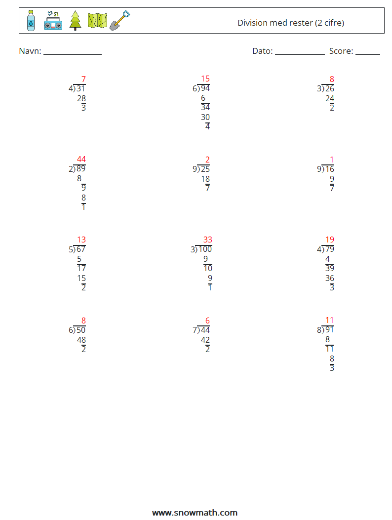 (12) Division med rester (2 cifre) Matematiske regneark 7 Spørgsmål, svar