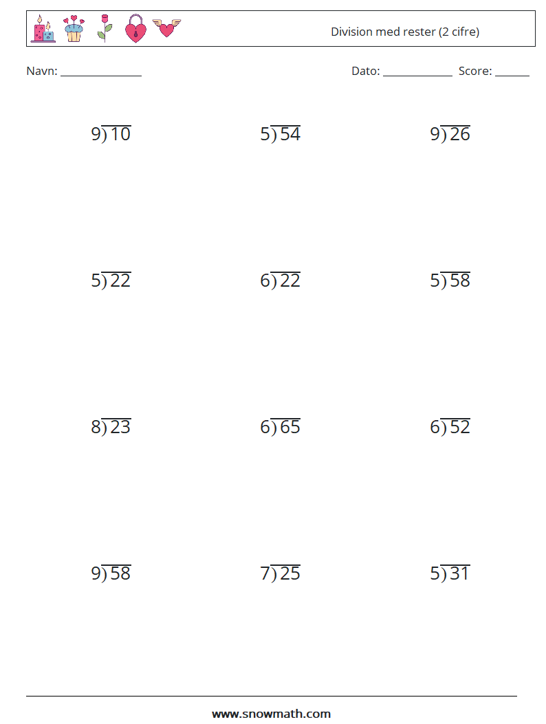 (12) Division med rester (2 cifre) Matematiske regneark 8