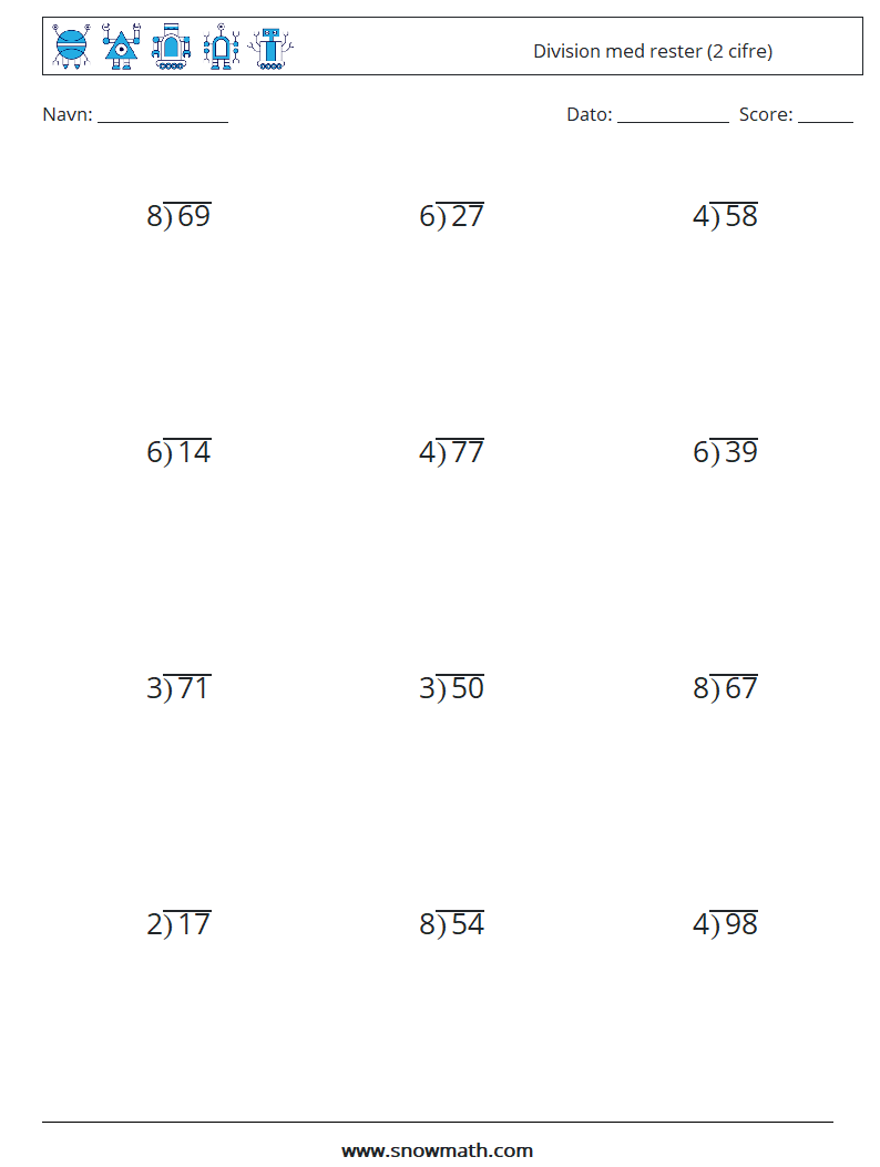 (12) Division med rester (2 cifre) Matematiske regneark 9