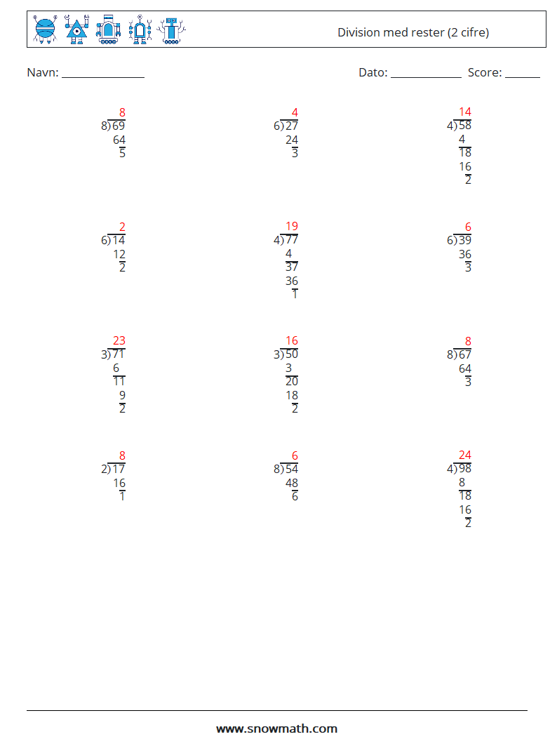 (12) Division med rester (2 cifre) Matematiske regneark 9 Spørgsmål, svar