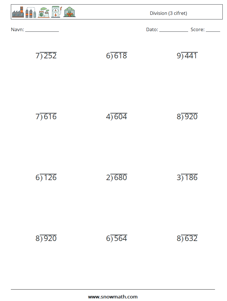 (12) Division (3 cifret) Matematiske regneark 1