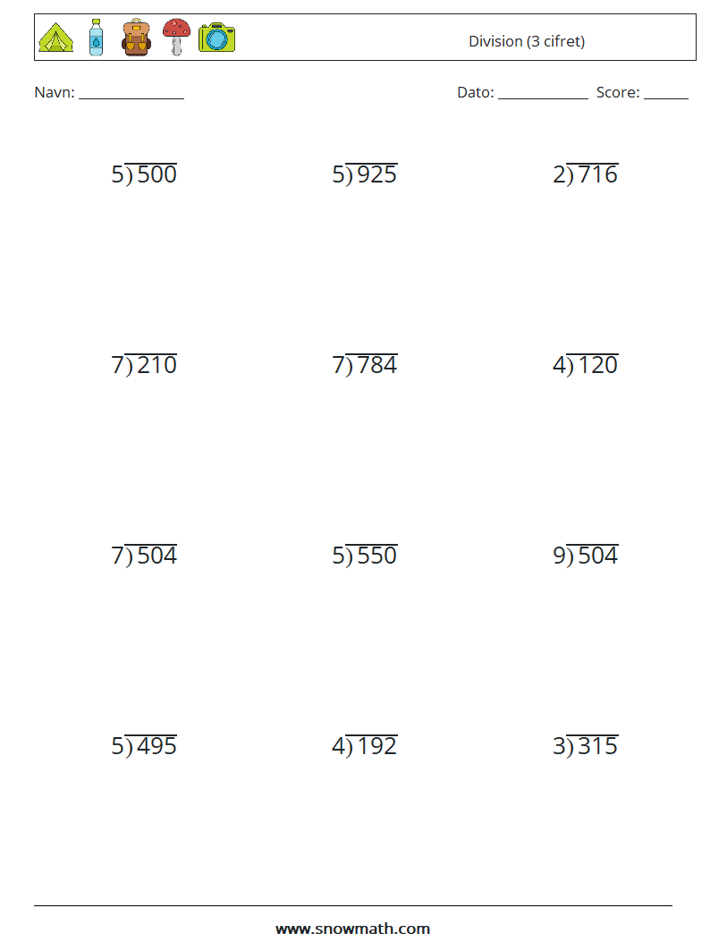 (12) Division (3 cifret) Matematiske regneark 10