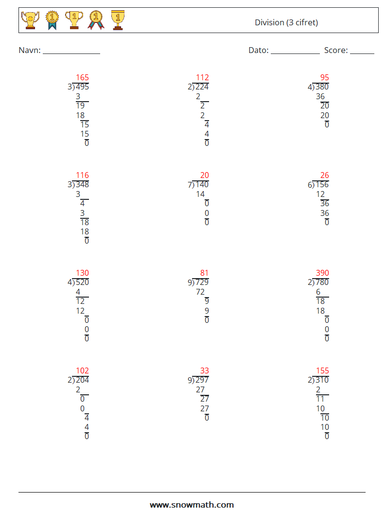 (12) Division (3 cifret) Matematiske regneark 11 Spørgsmål, svar