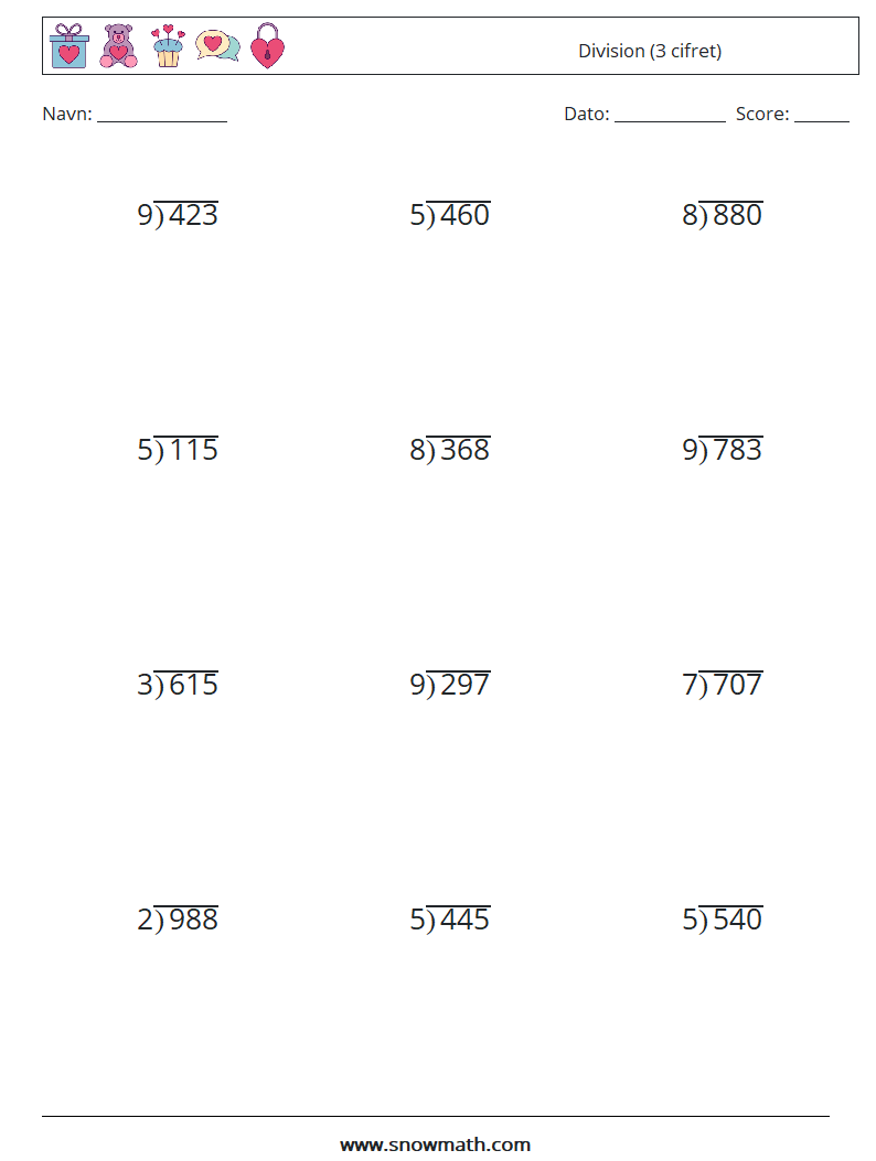 (12) Division (3 cifret) Matematiske regneark 12