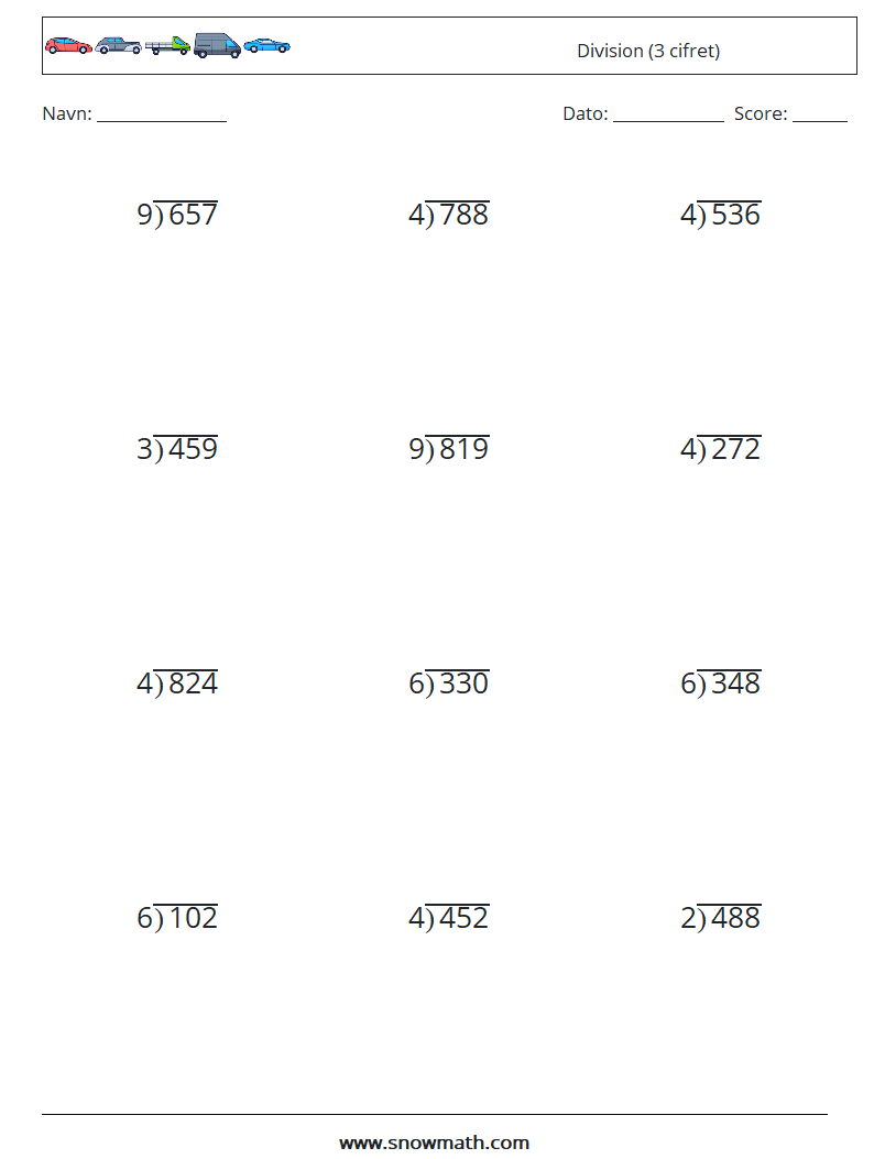 (12) Division (3 cifret) Matematiske regneark 16
