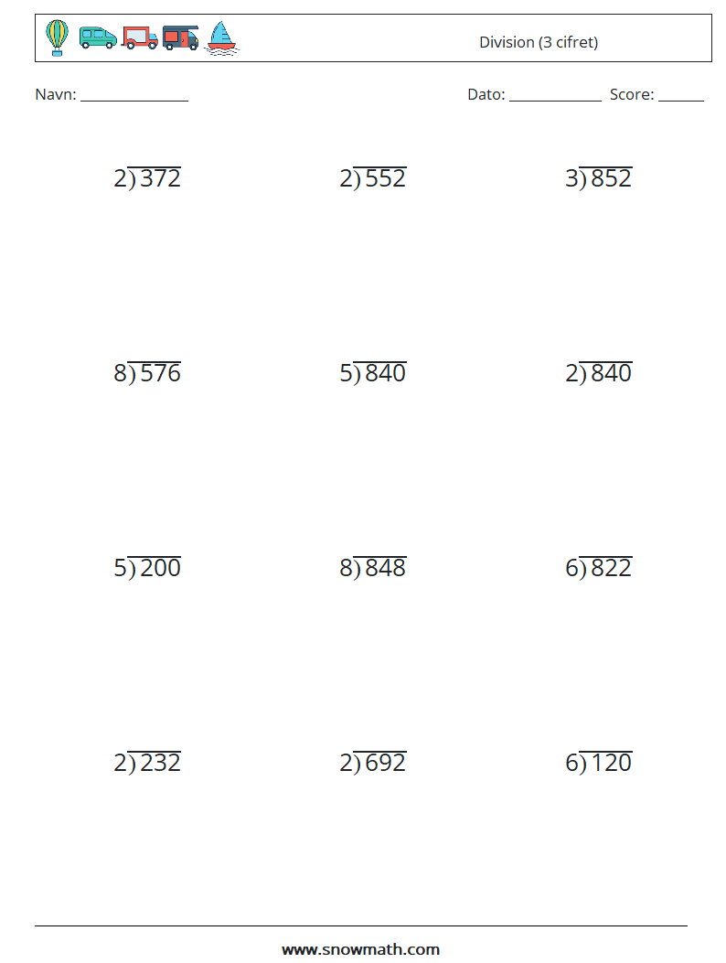 (12) Division (3 cifret) Matematiske regneark 17