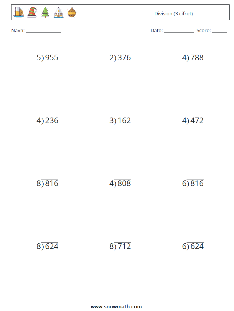 (12) Division (3 cifret) Matematiske regneark 18