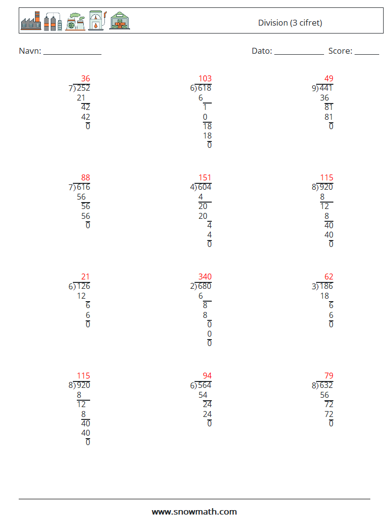 (12) Division (3 cifret) Matematiske regneark 1 Spørgsmål, svar