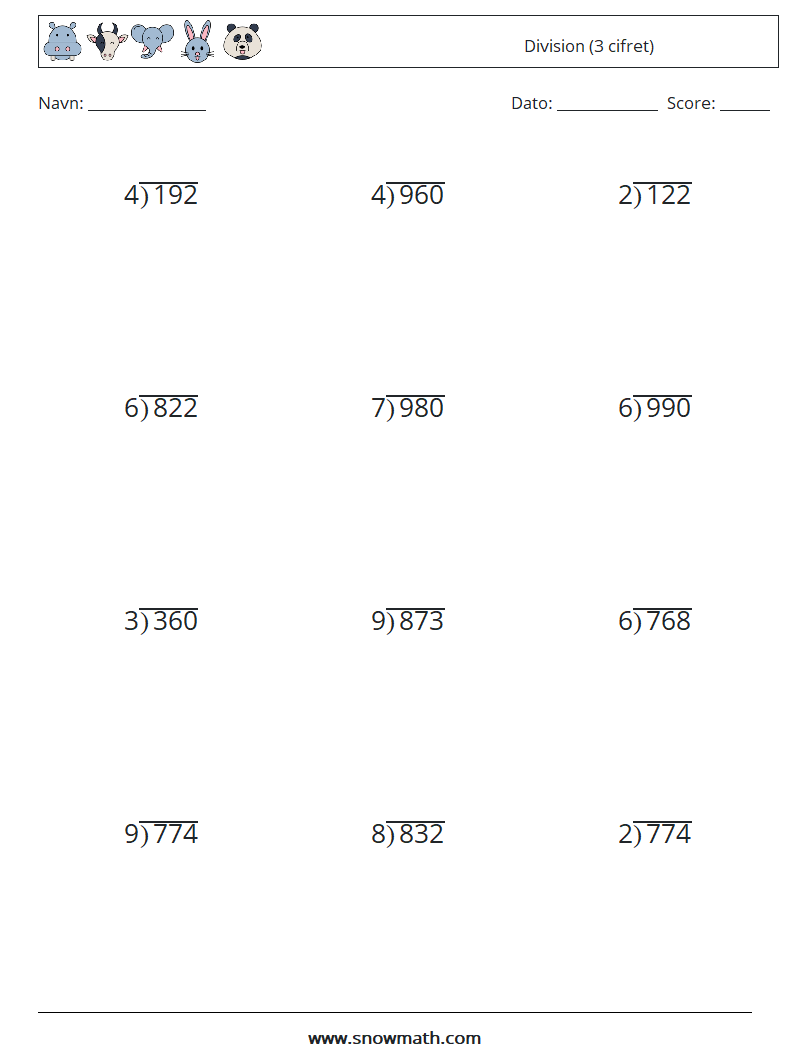 (12) Division (3 cifret) Matematiske regneark 2