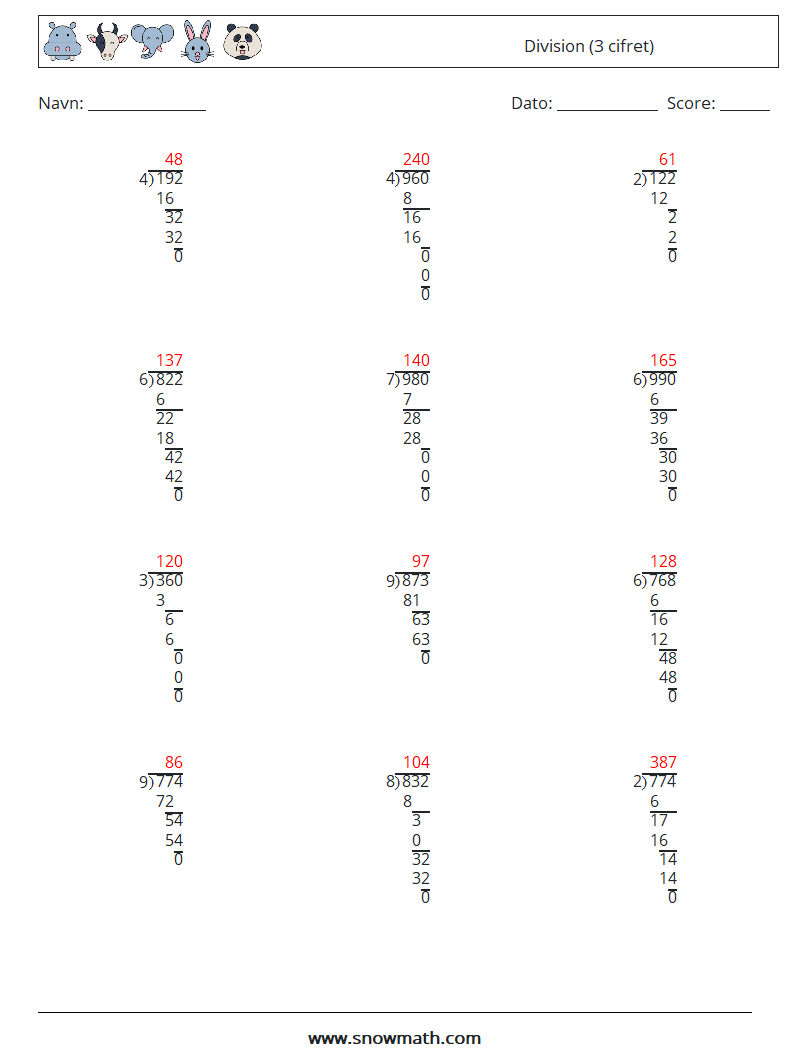 (12) Division (3 cifret) Matematiske regneark 2 Spørgsmål, svar