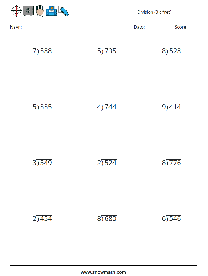 (12) Division (3 cifret) Matematiske regneark 3