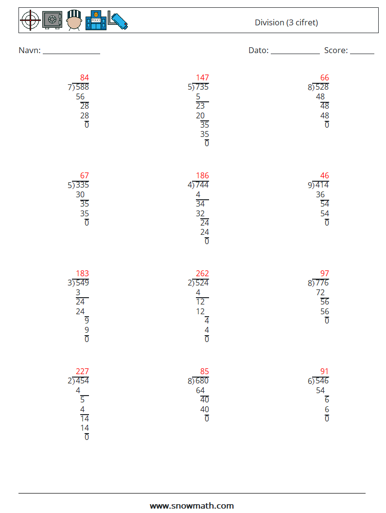 (12) Division (3 cifret) Matematiske regneark 3 Spørgsmål, svar