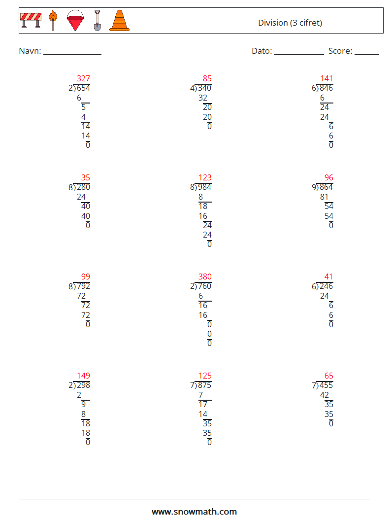 (12) Division (3 cifret) Matematiske regneark 4 Spørgsmål, svar