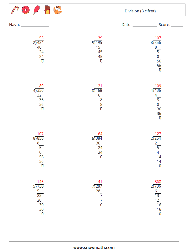 (12) Division (3 cifret) Matematiske regneark 5 Spørgsmål, svar