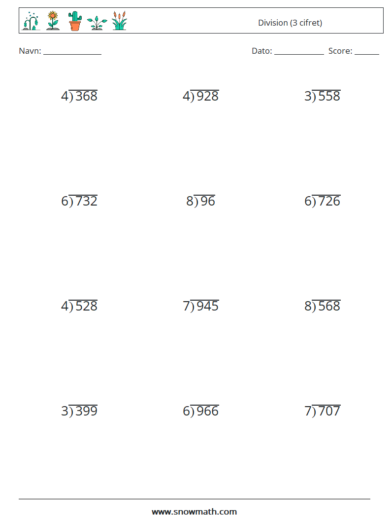 (12) Division (3 cifret) Matematiske regneark 6