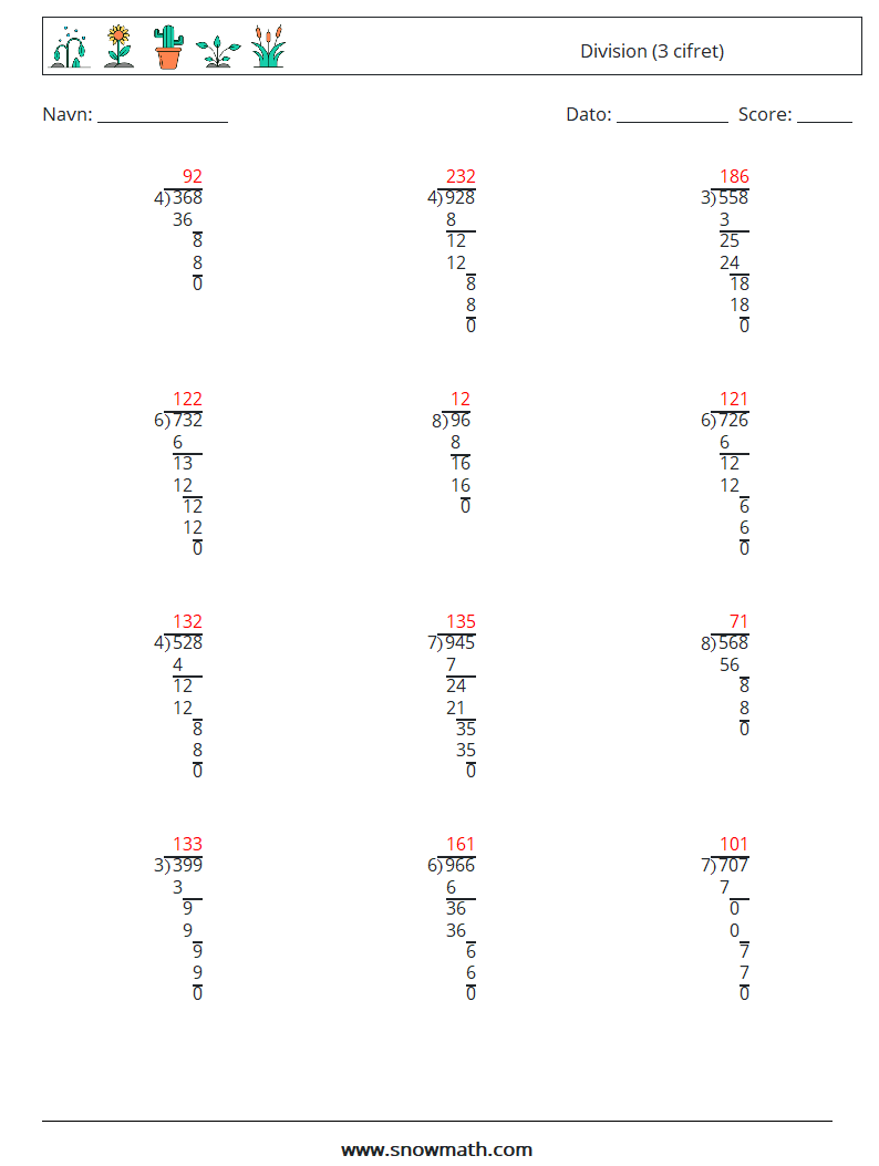 (12) Division (3 cifret) Matematiske regneark 6 Spørgsmål, svar