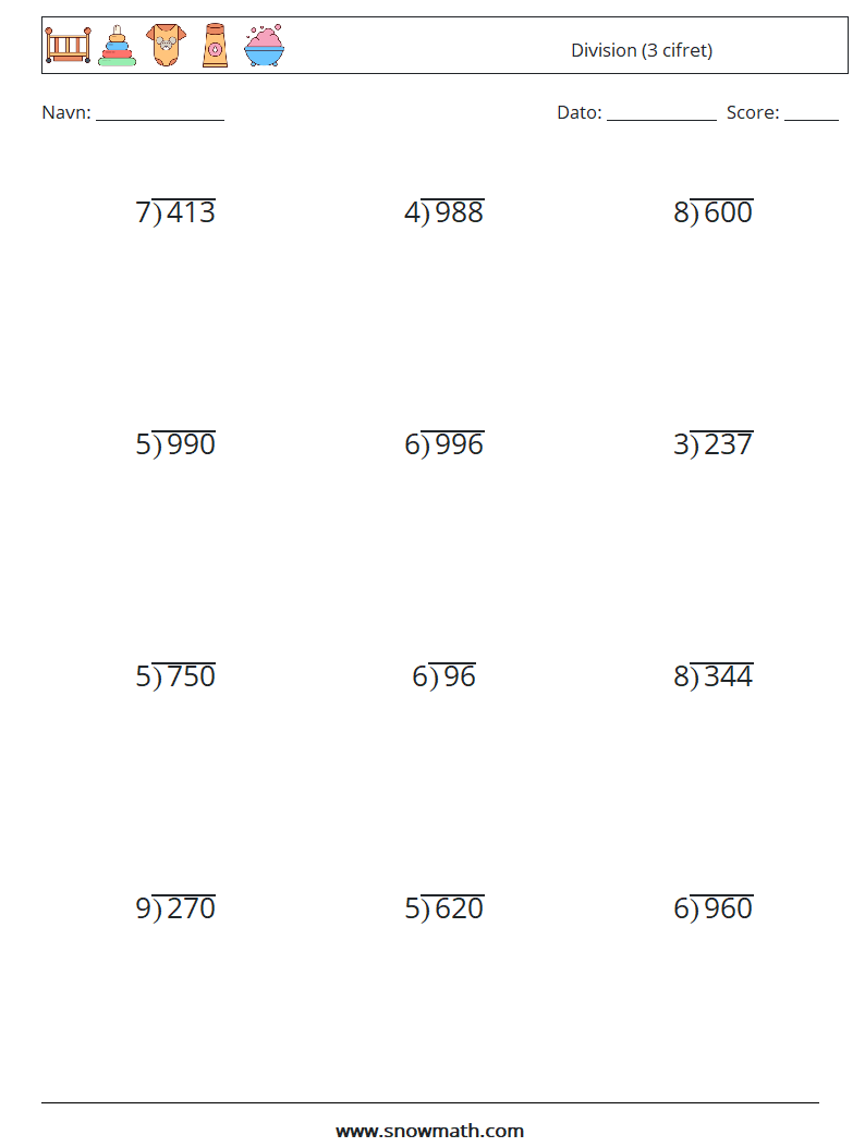 (12) Division (3 cifret) Matematiske regneark 7