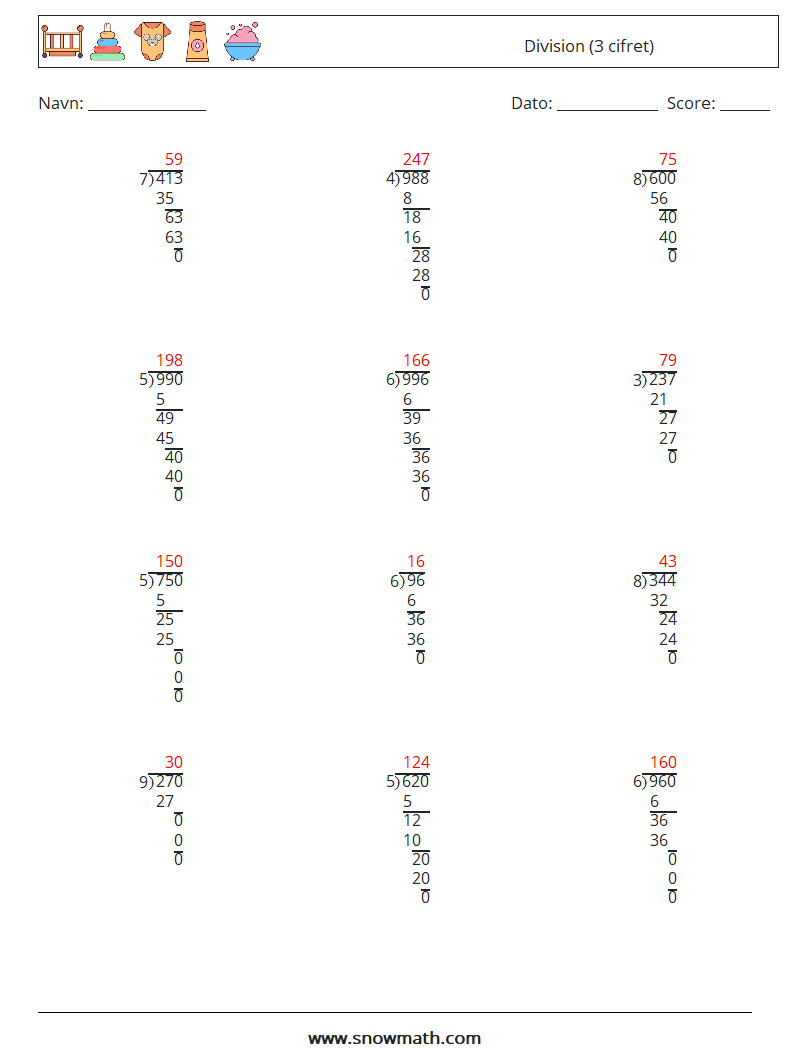 (12) Division (3 cifret) Matematiske regneark 7 Spørgsmål, svar