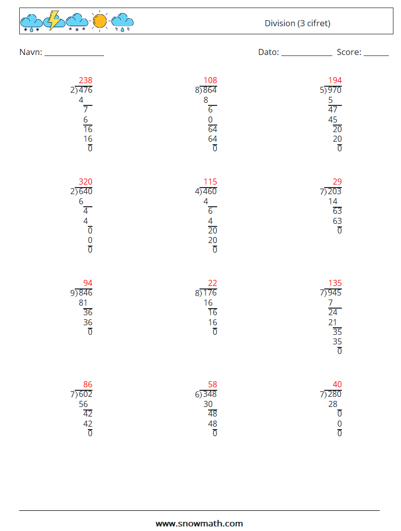 (12) Division (3 cifret) Matematiske regneark 8 Spørgsmål, svar