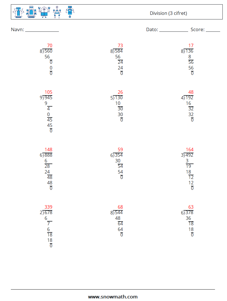 (12) Division (3 cifret) Matematiske regneark 9 Spørgsmål, svar