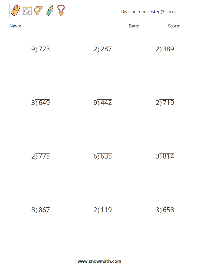 (12) Division med rester (3 cifre) Matematiske regneark 1