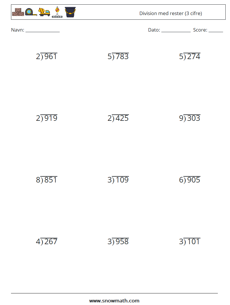 (12) Division med rester (3 cifre) Matematiske regneark 10