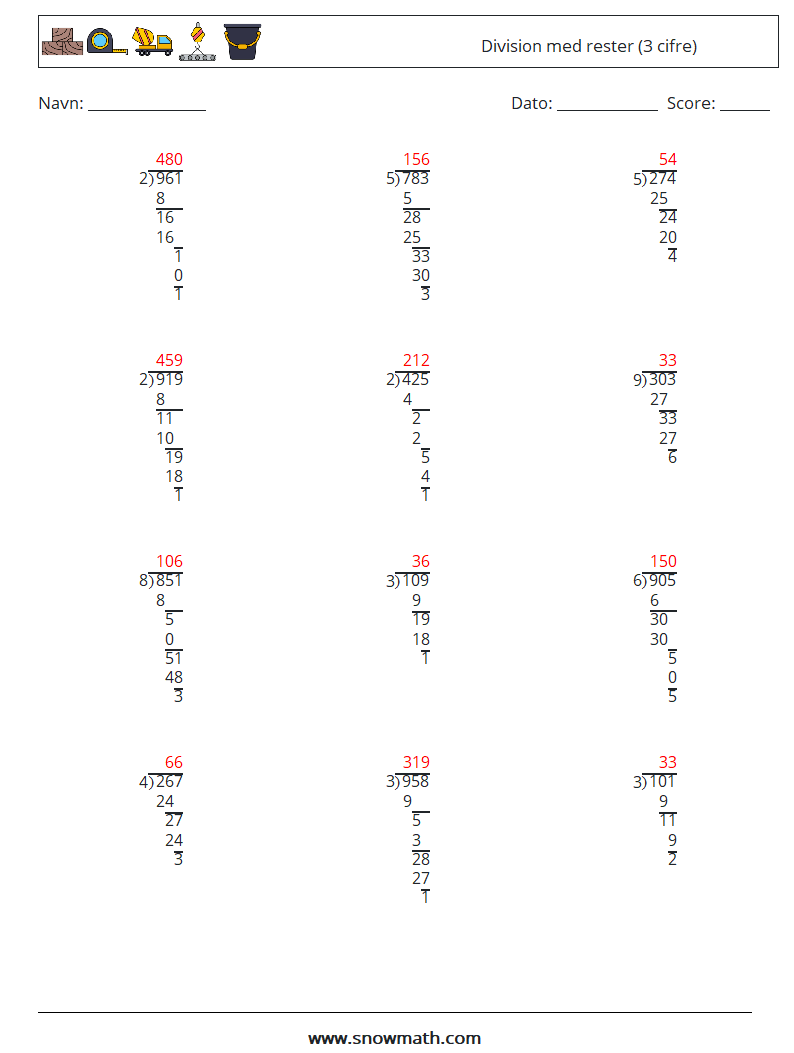 (12) Division med rester (3 cifre) Matematiske regneark 10 Spørgsmål, svar