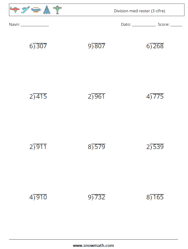 (12) Division med rester (3 cifre) Matematiske regneark 11