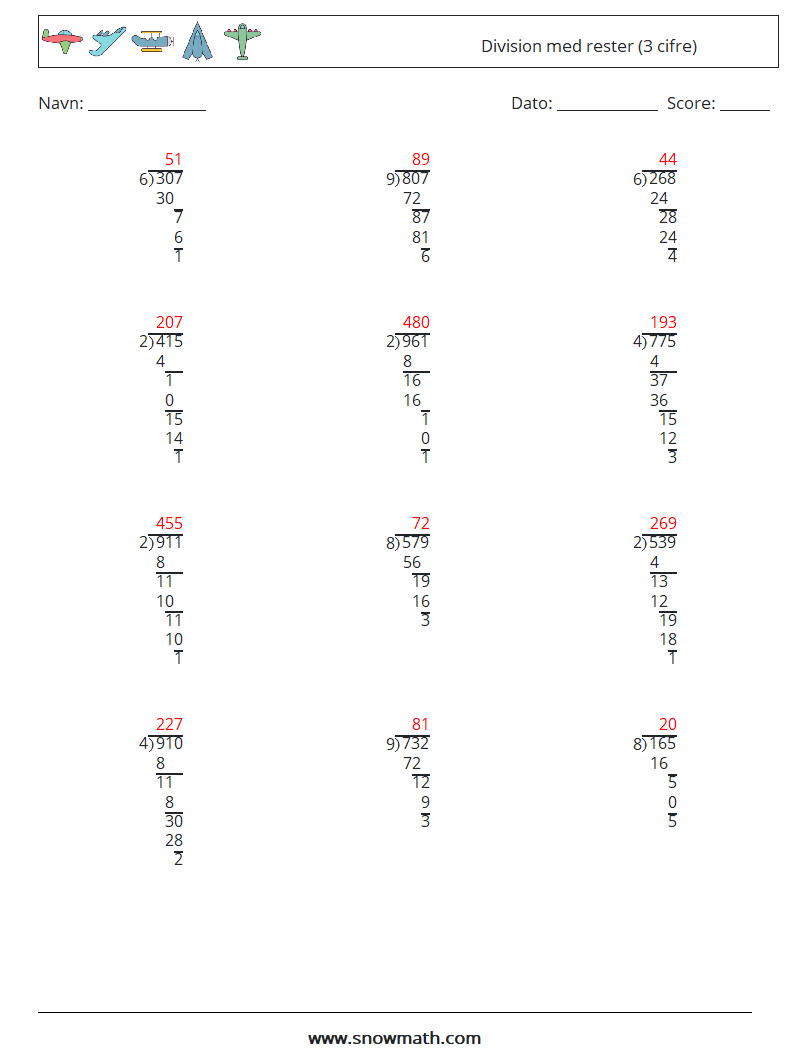 (12) Division med rester (3 cifre) Matematiske regneark 11 Spørgsmål, svar
