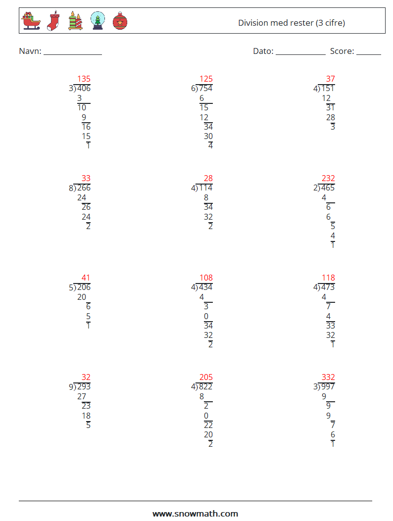 (12) Division med rester (3 cifre) Matematiske regneark 13 Spørgsmål, svar