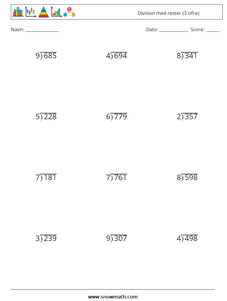 (12) Division med rester (3 cifre) Matematiske regneark 14
