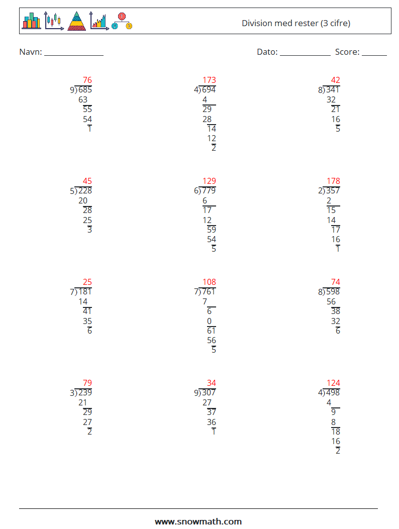 (12) Division med rester (3 cifre) Matematiske regneark 14 Spørgsmål, svar