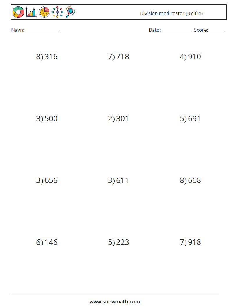 (12) Division med rester (3 cifre) Matematiske regneark 16