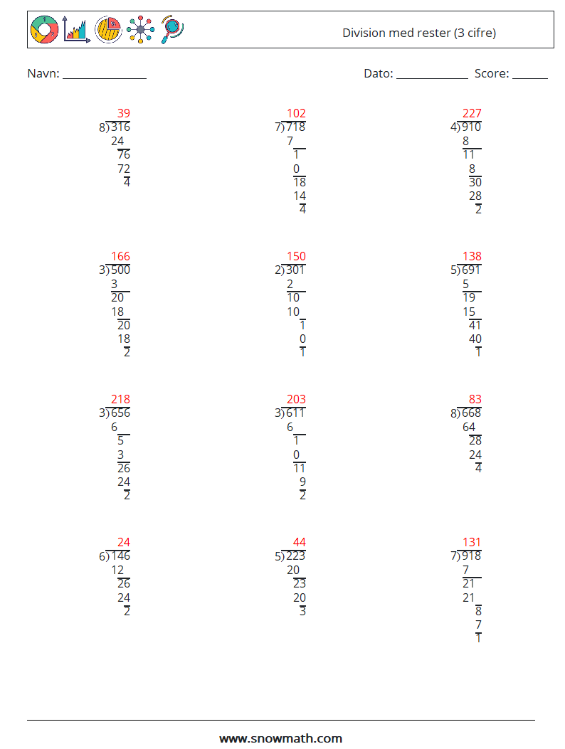 (12) Division med rester (3 cifre) Matematiske regneark 16 Spørgsmål, svar