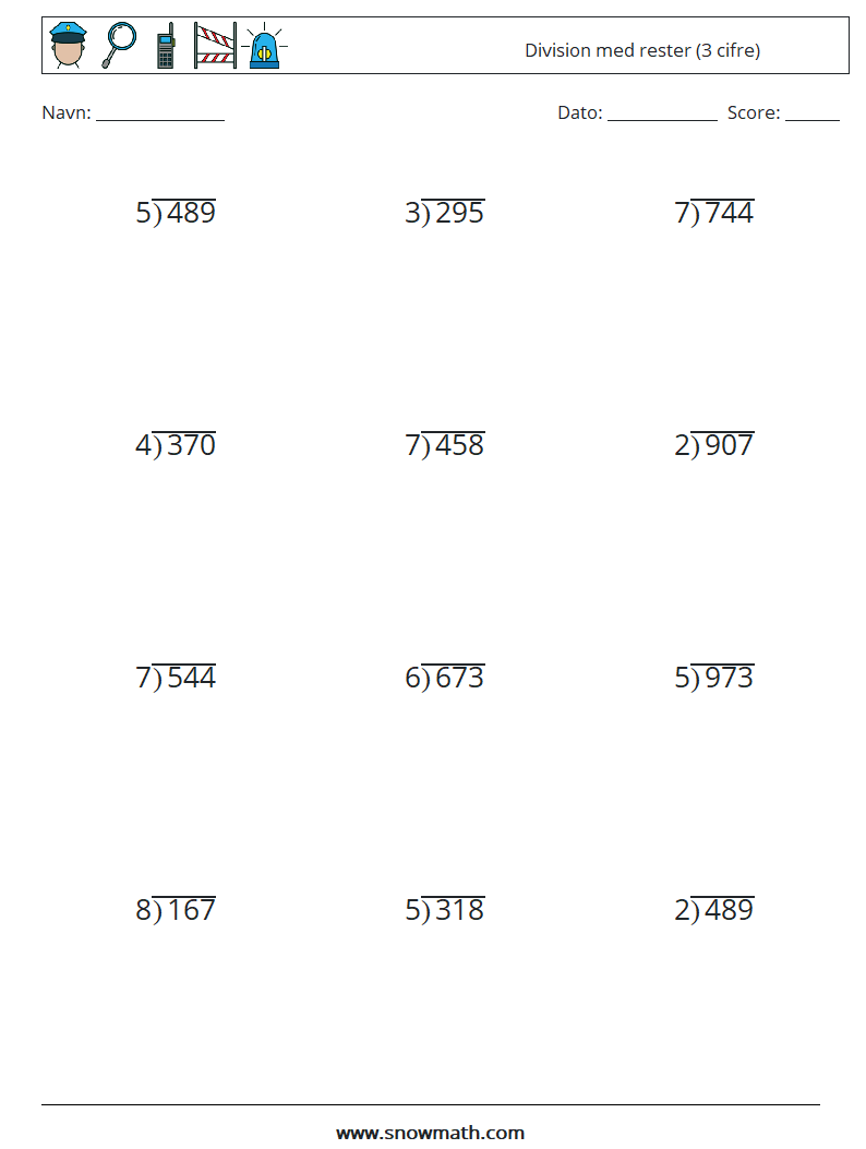 (12) Division med rester (3 cifre) Matematiske regneark 17