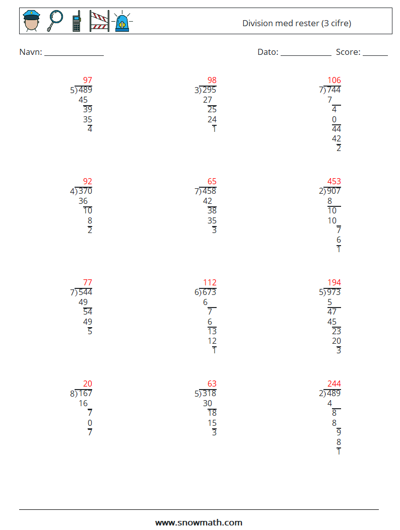 (12) Division med rester (3 cifre) Matematiske regneark 17 Spørgsmål, svar