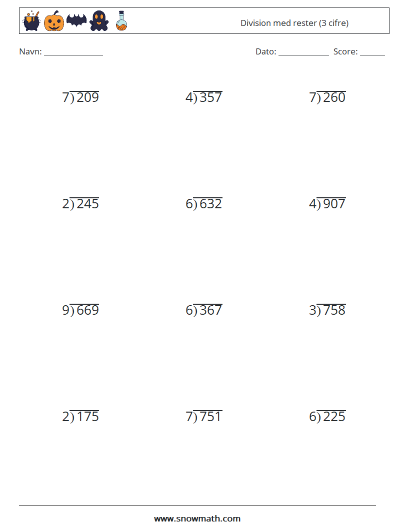 (12) Division med rester (3 cifre) Matematiske regneark 18