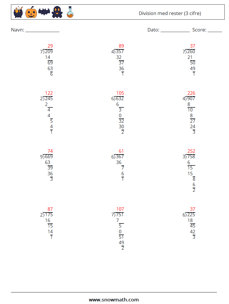 (12) Division med rester (3 cifre) Matematiske regneark 18 Spørgsmål, svar