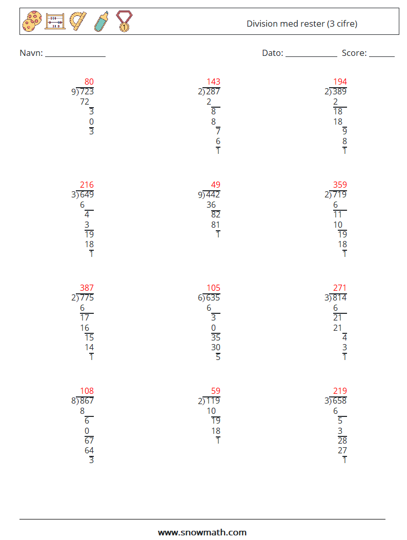 (12) Division med rester (3 cifre) Matematiske regneark 1 Spørgsmål, svar