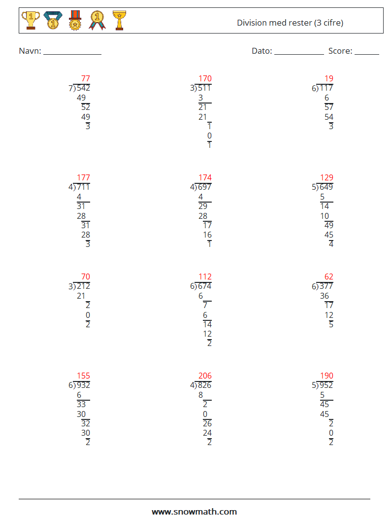 (12) Division med rester (3 cifre) Matematiske regneark 2 Spørgsmål, svar