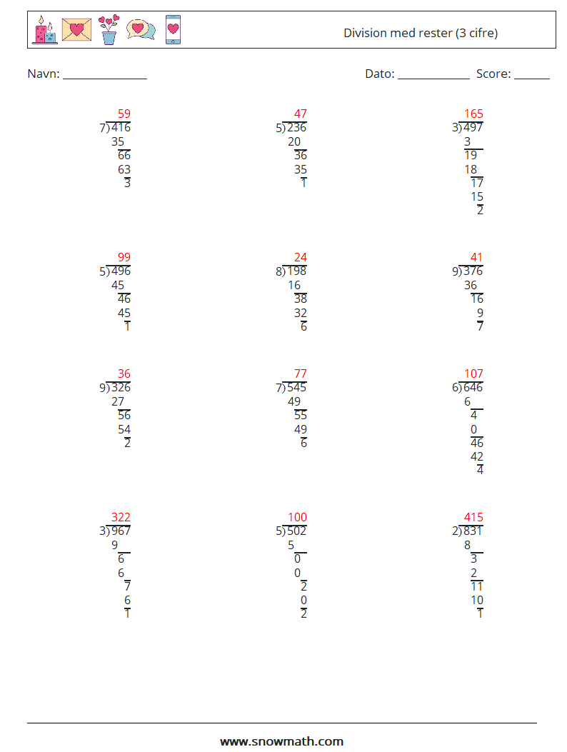 (12) Division med rester (3 cifre) Matematiske regneark 3 Spørgsmål, svar