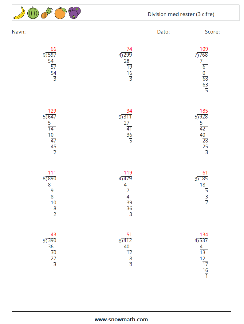 (12) Division med rester (3 cifre) Matematiske regneark 4 Spørgsmål, svar