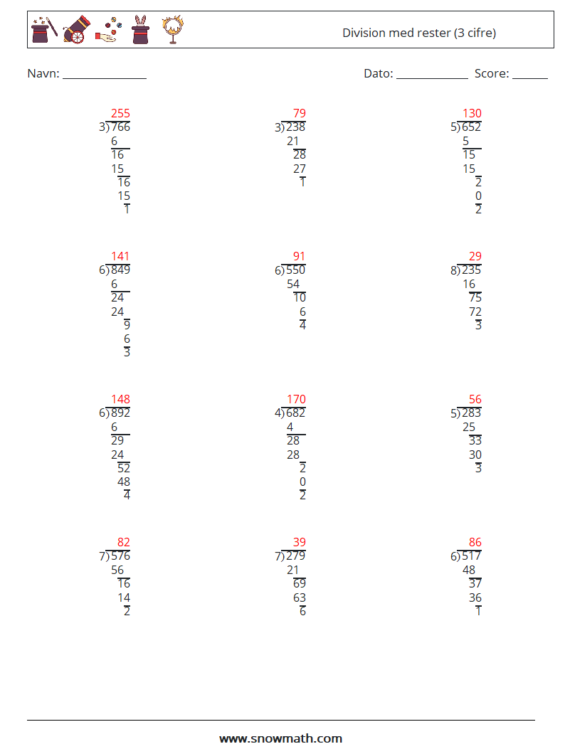 (12) Division med rester (3 cifre) Matematiske regneark 5 Spørgsmål, svar