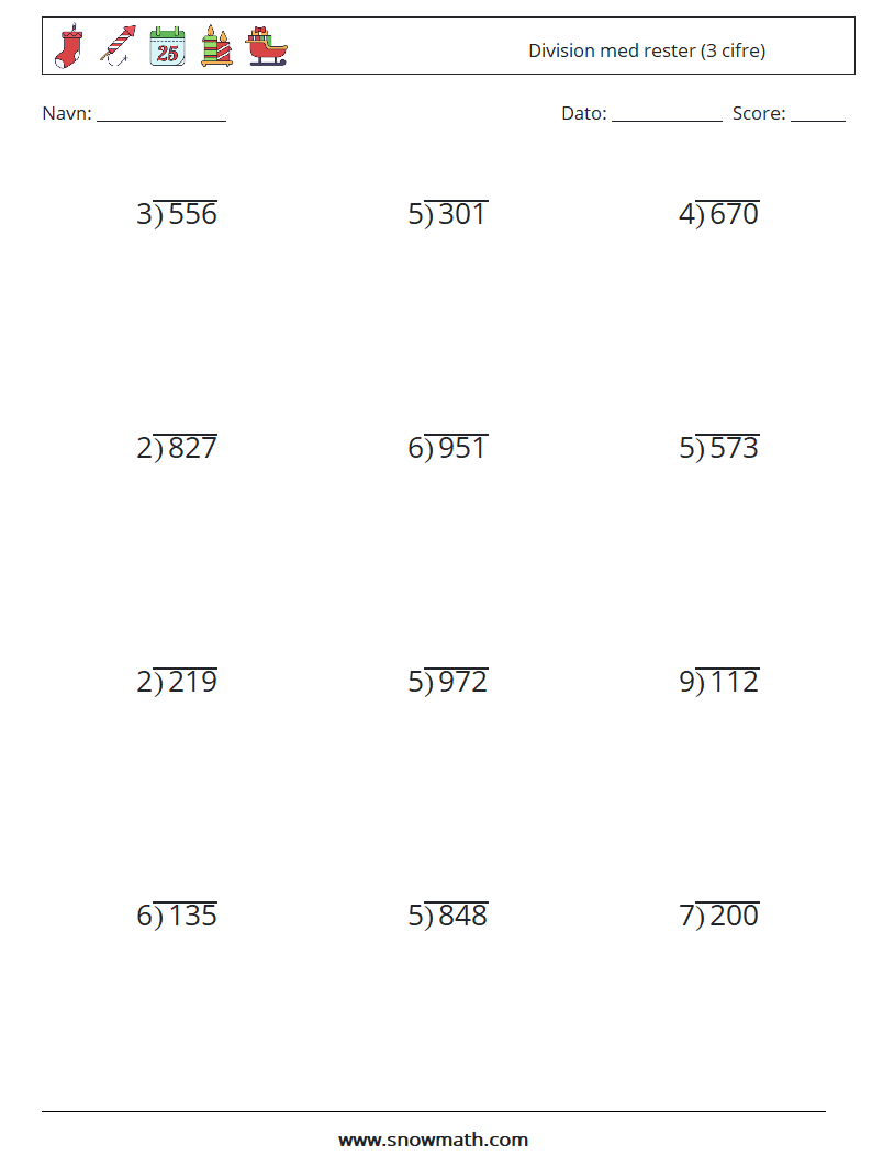 (12) Division med rester (3 cifre) Matematiske regneark 6